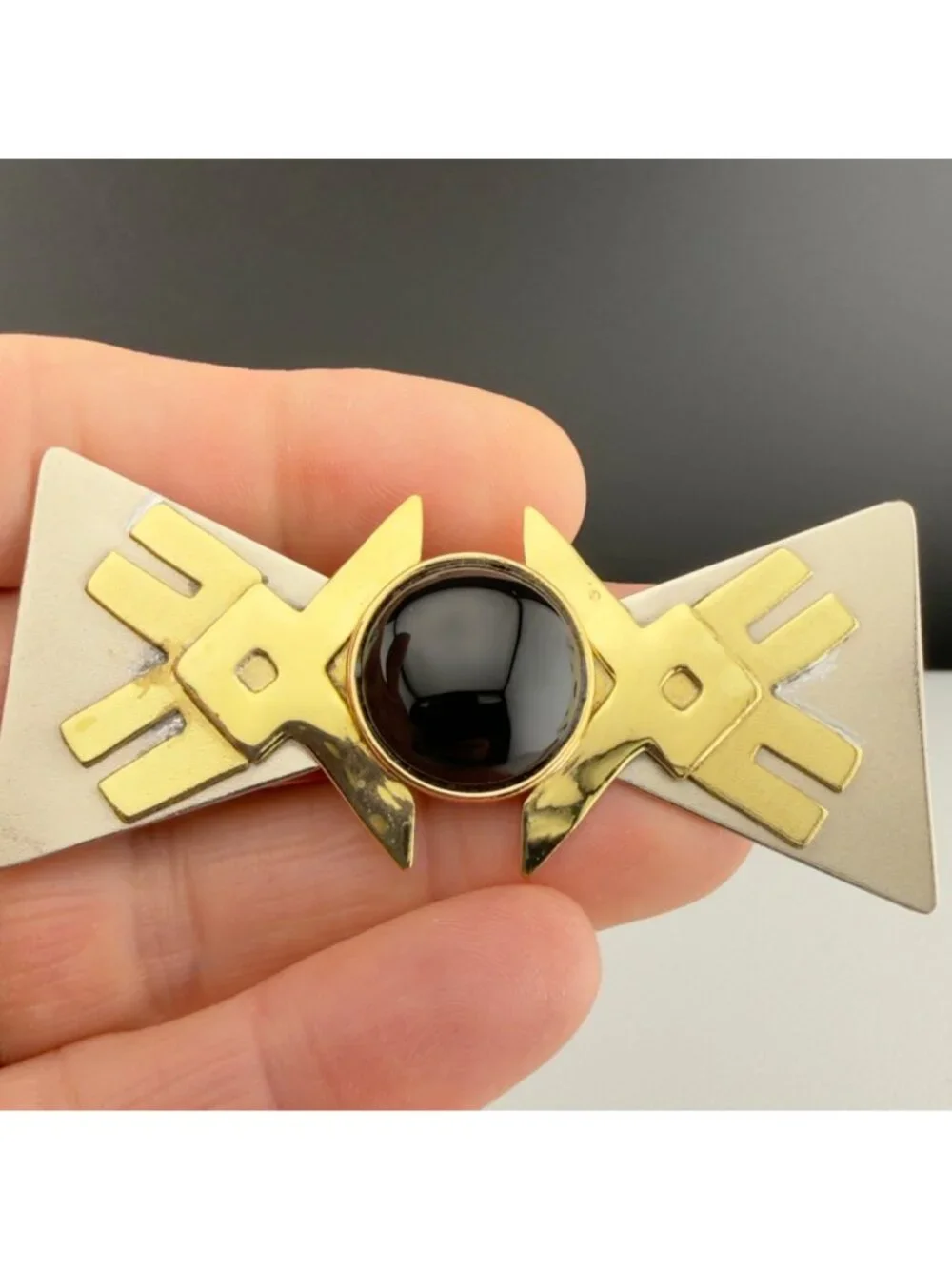Vintage Modernist Geometric Brooch Black Cabochon Gold and Silver Tone Statement